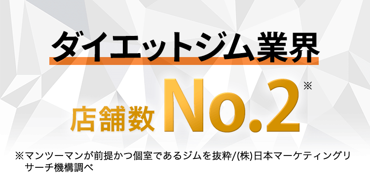 ダイエットジム業界 店舗数No.2※ ※マンツーマンが前提かつ個室であるジムを抜粋/(株)日本マーケティングリサーチ機構調べ