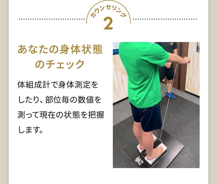 カウンセリング2 あなたの身体状態のチェック 体組成計で身体測定をしたり、部位毎の数値を測って現在の状態を把握します。